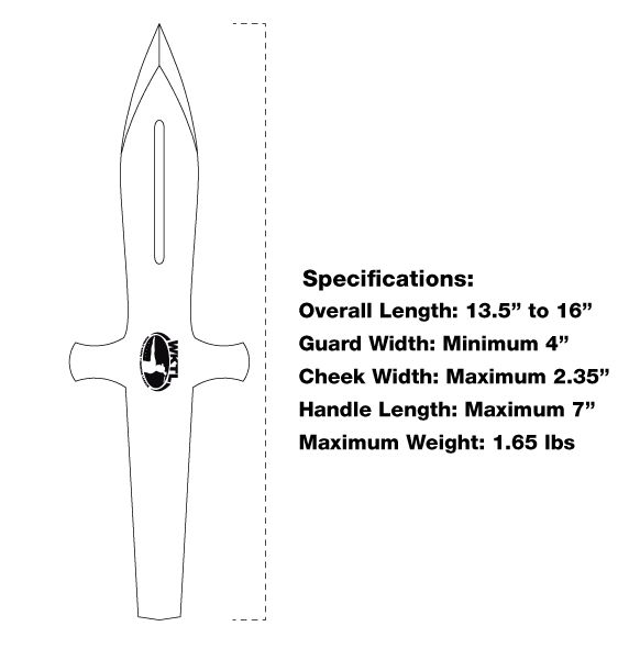 A diagram showing the minimum and maximum measurements of a throwing knife used in the World Knife Throwing League. 